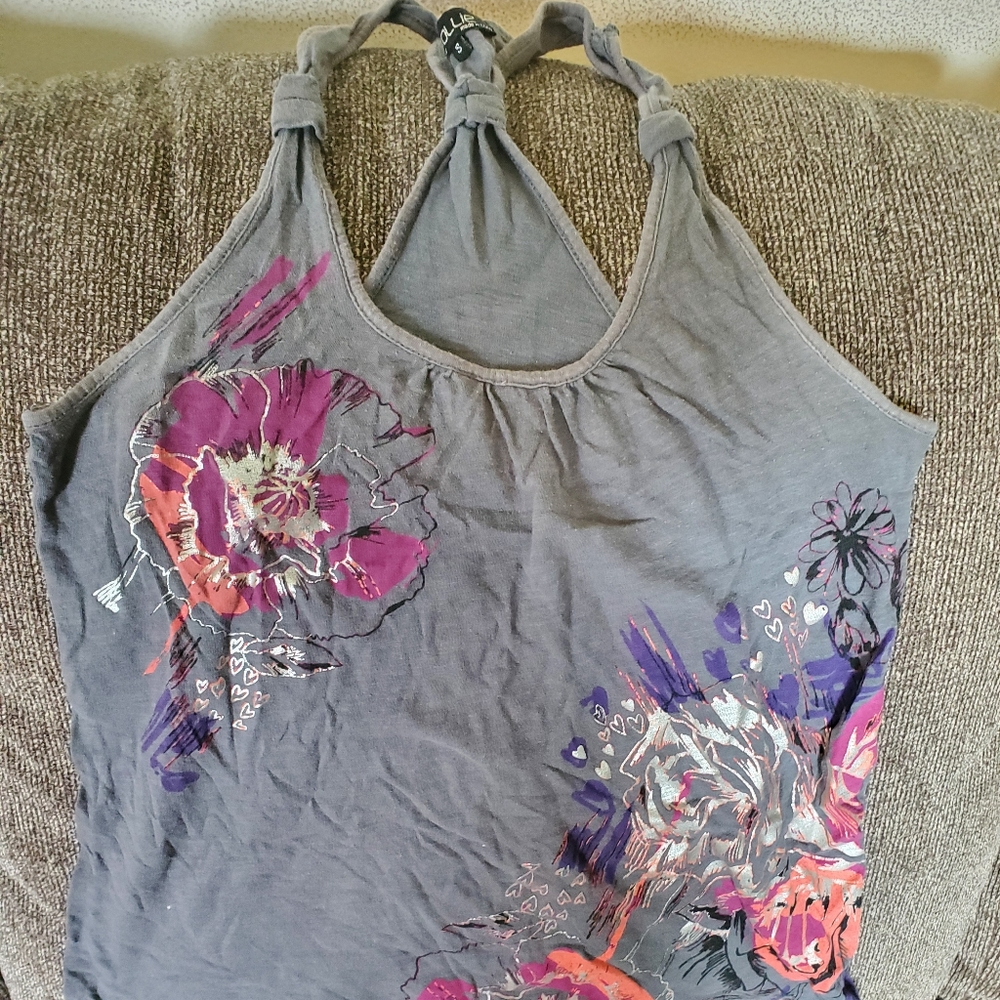 Gray racerback tank with floral detail